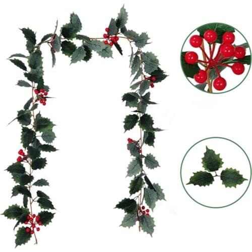 1.7m Artificial Holly Leaf Vine Christmas Rattan Berry Flower DIY Garland Wreath Home Hanging Ornament for Party Xmas Decor