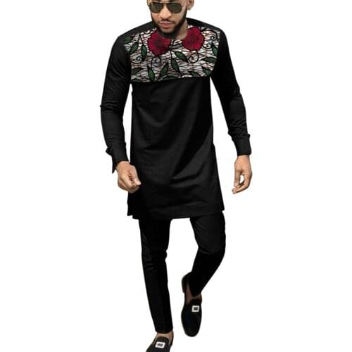 2021 African Fashion Men Shirts Patch Pants Patchwork Tops Sets Tailor Made Male Outfits Black Pant Suits For Party