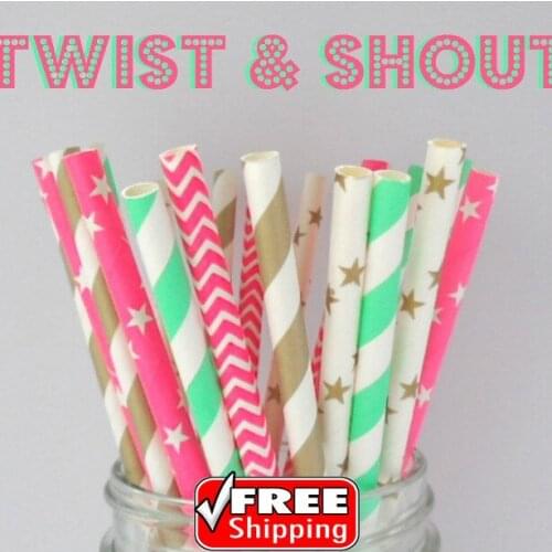 250pcs Mixed 5 Designs Twist & Shout Themed Paper Straws-Mint,HotPink,Gold-Stripe,Star,Chevron-Decorative Vintage Wedding Party