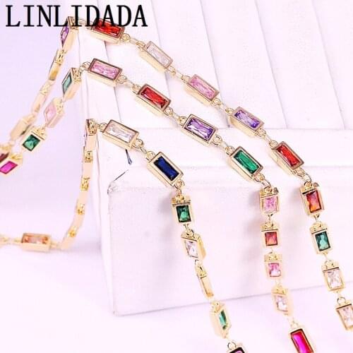 3Meters, Rectangle Colorful CZ Link Chain, Rainbow Cubic Zirconia Faceted Bead With Chain, Wire Wrapped Rosary Style Chain