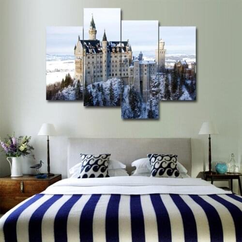 4pcs Print poster canvas Wall Art Neuschwanstein Castle, Bavaria, Germany Modular pictures on the wall sitting room(no frame)