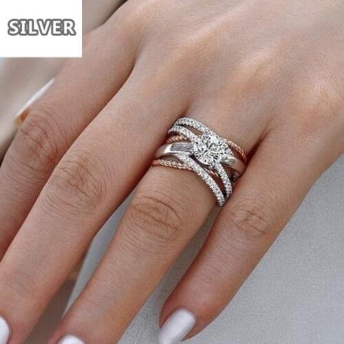 925 Silver AAA Zircon Luxury CUrve Intersection Female Crystal Round Stone Ring Engagement Ring Vintage Party Rings For Women