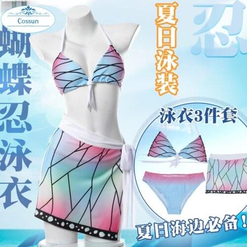 Anime! Demon Slayer: Kimetsu no Yaiba Kochou Shinobu Sexy Bikini Swimsuit Uniform Cosplay Costume Summer Pool Party Suit Women