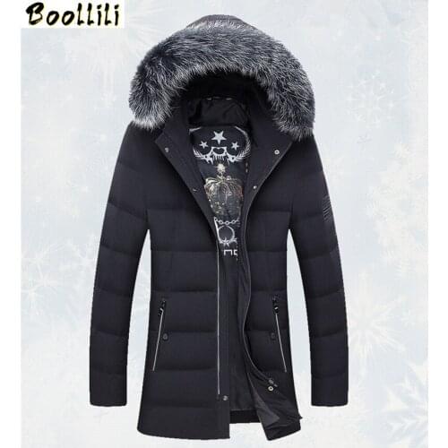 Boollili High Quality Grey Goose Down Mens Jackets Fox Fur Collar Hooded Mens Parkas Warm Winter Jacket Men Padded Coat