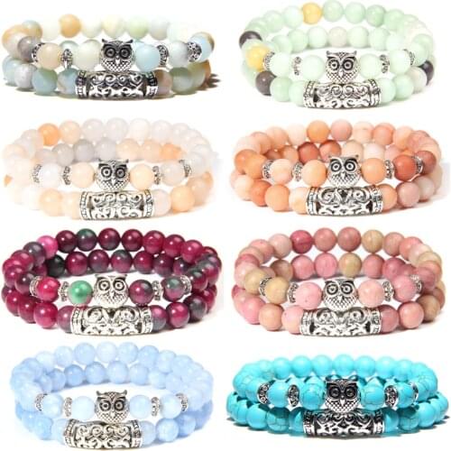 Double Bracelets Men Natural Reiki Rhodochrosite Stone Bangle Silver-plated Owl Bangle Women Jewelry Couple Friendship Pulsera