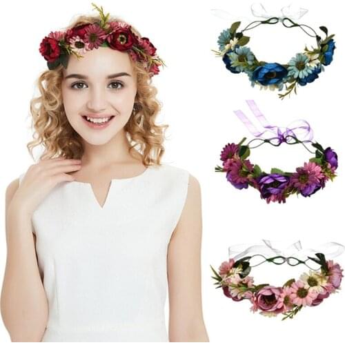 Handmade Flower Crown with Ribbon Hair Wreath Floral Garland Holiday Photo Props