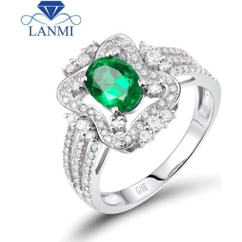 New Design Oval 5x7mm Natural Emerald Diamond Ring 18K White Gold For Women Engagement Gemstone Jewelry SR0328
