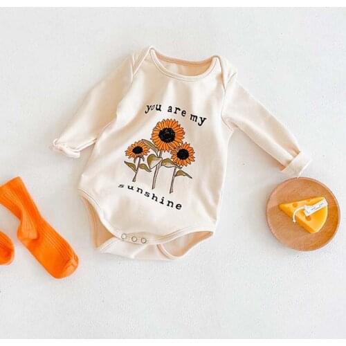 Toddlers Bodysuit Autumn Casual Infant Long Sleeved O-neck Jumpsuit Clothing Baby Boys Girls Sunflower Letters Printed Bodysuit