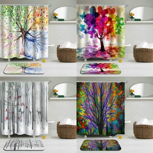 2PC Set Colorful Trees Shower Curtains Set Bathroom Waterproof Polyester With Rectangle Non-slip Floor Mat Bath Curtain Set