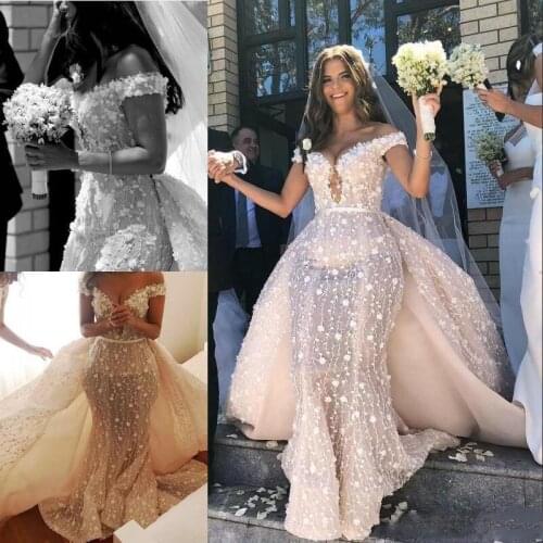 Lace Mermaid Wedding Dresses With Detachable Train Sexy Off The Shoulder 3D Floral Bridal Gowns Charming Saudi Arabia Long Robe