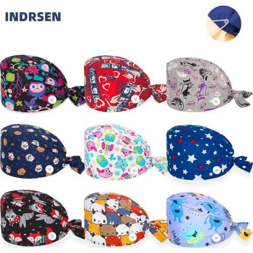 Wholesale 100% Cotton Scrub Cap Anime Printing Scrubs Caps Beauty Salon Pet Shop Working Accessories Women Workers Surgicals Hat
