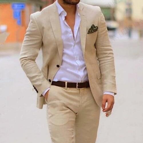 Fashion Classic Summer Mens Suit Beige Beach Linen Wedding Suits For Men Groom Tuxedo 2 Pieces Casual Mens Suits Jacket Pants