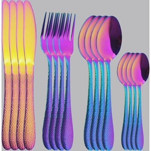 16Pcs/Set Mirror Rainbow Cutlery Set Stainless Steel Flatware Knife Fork Coffee Spoon Dinnerware Set Kitchen Tableware Set