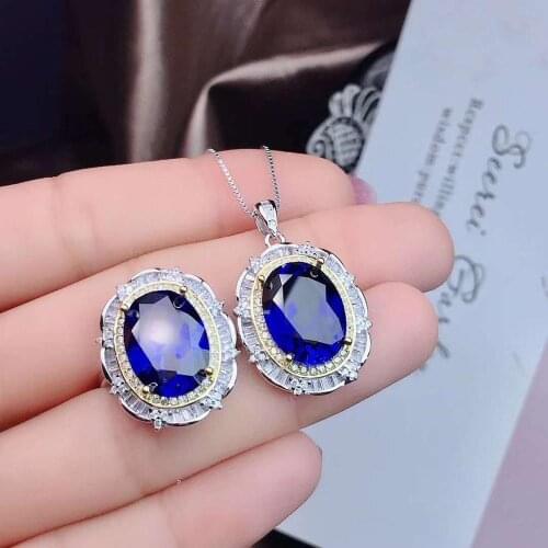 Real Natural Sapphire jewelry set Natural Real Sapphire 925 sterling silver 1pc pendant,1pc ring