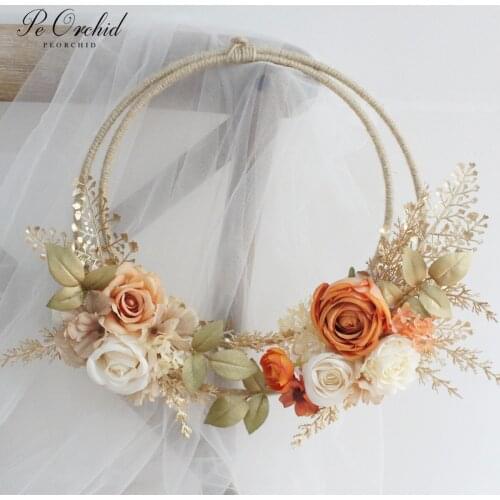 PEORCHID Fall Bridal Portable Garland Artificial Flower Wedding Wreath Bouquet Bridesmaid Handheld Garland Hoop Hanging Decor