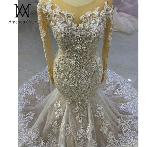 Robe mariee Long Sleeve Handwork Crystal Rhinestone Mermaid Wedding Dress