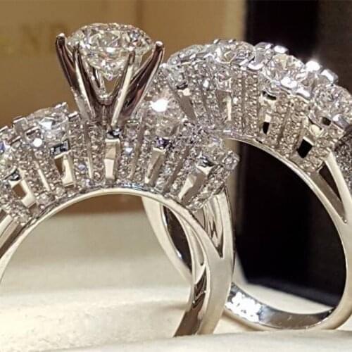 2 Pcs/Set Luxury Silver Color Round Zircon Wedding Rings For Women Designer Female Jewelry Engagement Party Valentine Gifts