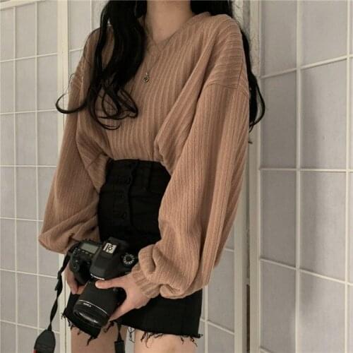 V Neck Lantern Long Sleeve Knit Pullover Sweater Women Retro Loose Crazy Style Short Mutlicolor Pull Femme Autumn 837F