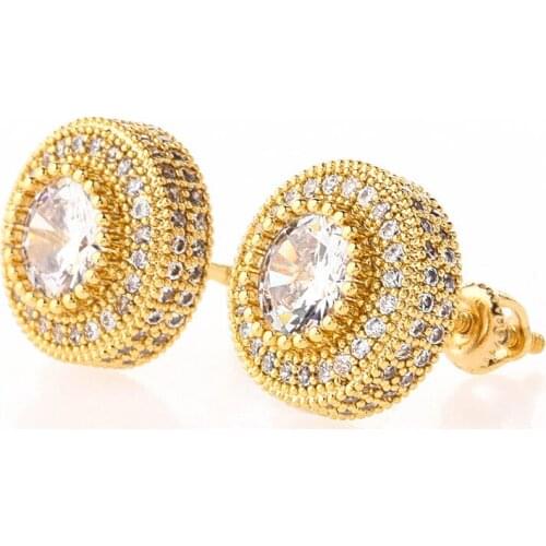 Hip Hop Claw Setting Cubic Zirconia Bling Ice Out Stud Earring Male Gold Color Copper Round Earrings for Men Rapper Jewelry