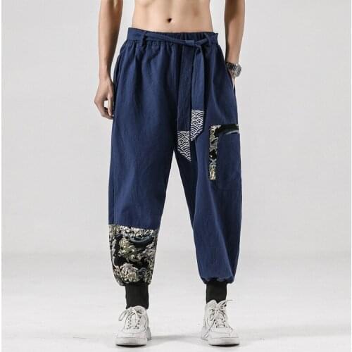 Chinese Style Traditional Clothing Pants For Men Fashion Oriental Japanese Kimono Casual Vintage Embroidery Pants Trousers 30606