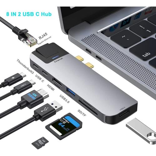 8 in 1 Type-C Hub To RJ45 Gigabit HDMI Adapter 4K Thunderbolt 3 USB C Hub with USB 3.1 TF SD Reader Slot PD for MacBook Pro/Air