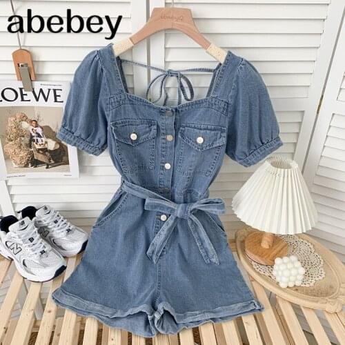 Vintage square collar puff sleeve denim Rompers high waist lace up single breasted casual wide leg Rompers 2021 New Summer