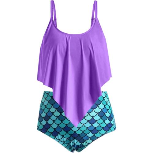Wipalo Plus Size Ruffle Fish Scale Print Tankini Set Women Swimsuits Scoop Neck Padded Two Piece Sets Summer Swimwear Beach