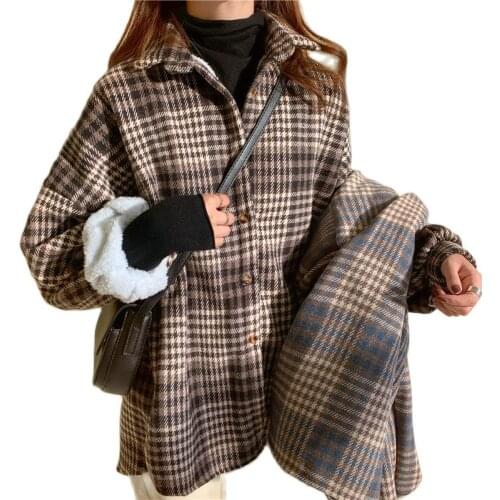 Womens Plaid Woolen Coat Korean Style Spring Autumn Casual Plus Velvet Blended Woolen Shirt Jacket Female Outerwear Tops Loose