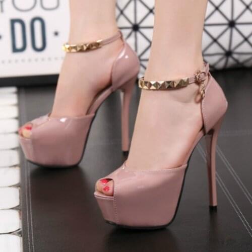 Women Sandals Shoes Rivets Patent Leather Buckle Strap Peep Toe Shallow 12cm Thin High Heels Party Lady Club Female Pumps Shoes