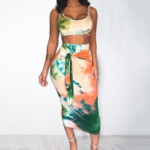 2 Piece Set Women Crop Top And Skirts Sleeveless Backless print tank tops Two Pieces Set High Waist Bodycon Skirts Female Set