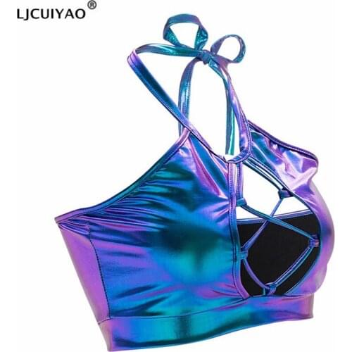 LJCUIYAO Sexy Halter Crop Top Women Camis Backless Bandage Lace Up Sequins Metal Ring Tank Top Party Club PU Metallic Bustier