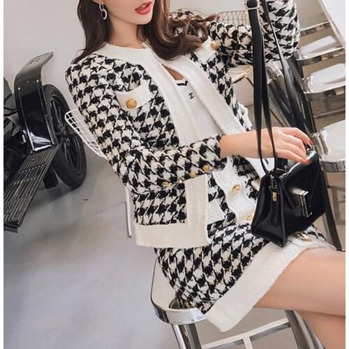 Small Fragrance Vintage Houndstooth Knitted Jacket Cardigan Coat+Bodycon Skirt Suit Autumn Winter Office Lady Runway 2 Piece Set