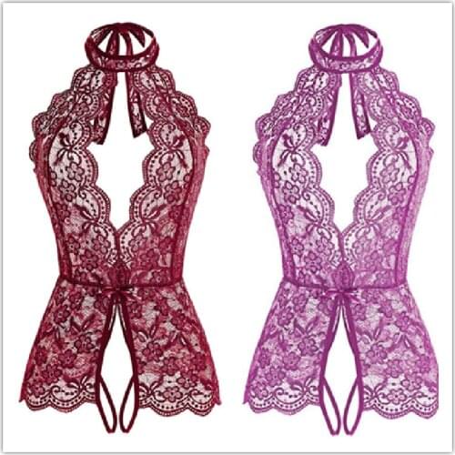 Women One Piece Sexy Lingerie Lace Sexy Baby Dolls Teddy Perspective Net Yarn Hanging Neck Deep V Sleepwear XXL