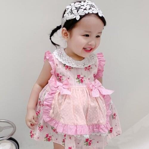 Spain stlye girl dress cotton lace lapel floral princess big bow flying sleeve dress