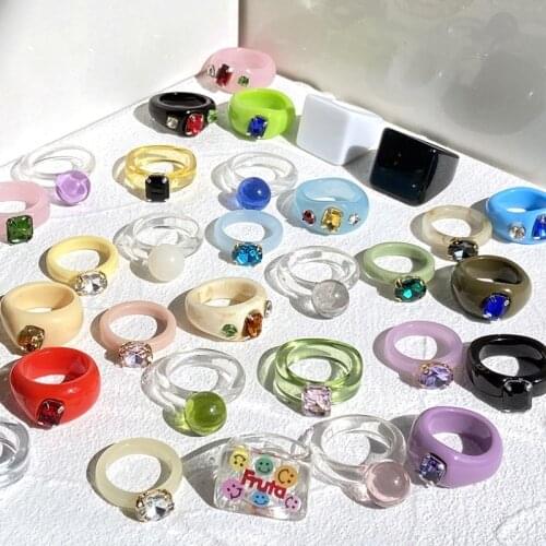 2021 INS New Design Transparent Resin Rings 3PCS Acrylic Rhinestone Geometric Square Colourful Rings Set for Women Jewelry Gifts