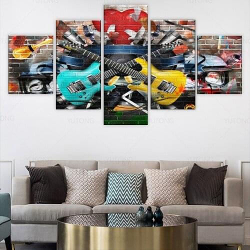 5 Piece HD Print Large Guitar Graffiti Musical Instruments Paintings on Canvas Wall Art for Home Decorations Wall Decor Frame