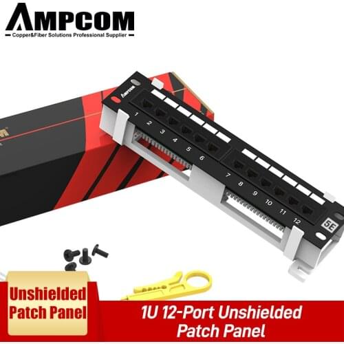 AMPCOM 12-Port Cat6A / Cat6/ Cat5E UTP Mini Patch Panel with Wallmount Bracket Included Black