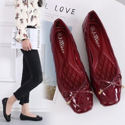 New Arrival Patent Leather Flat Women Ballet Flats Shoes Women Plus Size 41 Black Square Toe Bowtie comfort Shoes Black For Lady