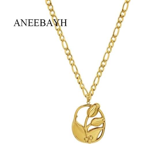 Delicate Tulip Flower Pendant Necklaces For Women 316L Stainless Steel Figaro Chain Hollow Geometric Charm Choker Necklaces Gift