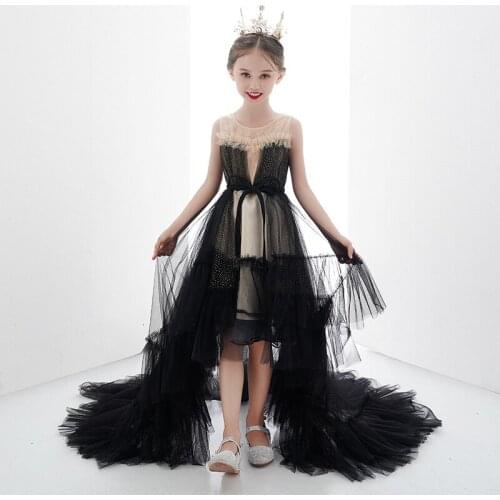 Flower Girl Dresses Illusion Sleeveless Sequined O-Neck Princess Knee-Length Luxury Black Lace Court Train Kids Party Gown H186