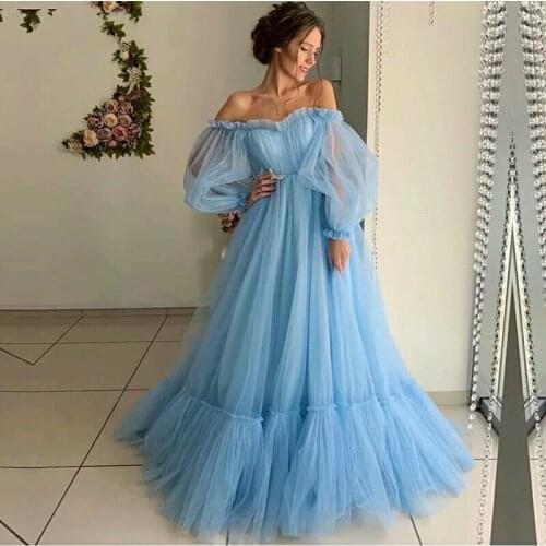 Elegant Evening Dresses Formal Soft Tulle Long Illusion Sleeve Prom Dresses Baby Blue/Baby Pink A-Line Vestido De Festa 2020