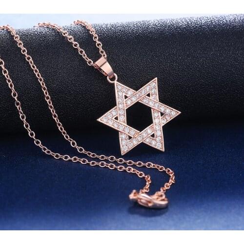 Exquisite Rose Gold Plated Hollow Hexagram Necklace White Zircon Crystal Party Womens Necklace Charming Long Chain Jewelry Gift