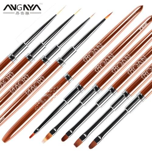 ANGNYA 9 Pcs Professional Manicure UV Gel Brush Pen Rose Gold Metal Handle Nail Art Painting Drawing Brush Phototherapy Tools