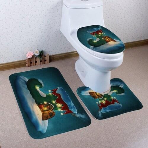 Beautiful Three-piece Christmas Bathroom Mat Flannel Carpet Toilet Floor Mats Non-Slip Bathroom Rugs Water Absorption Carpet Set