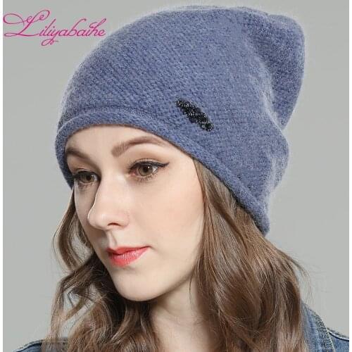 LILIYABAIHE Women Autumn And Winter Hat angora Knitted Skullies Beanies Cap Color matching diamond decoration hats for Girls