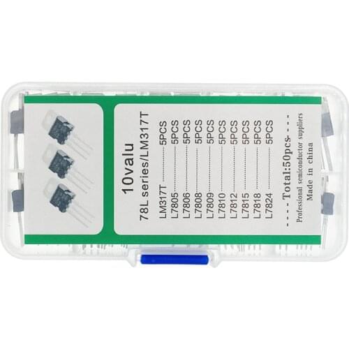 LM317T L7805 L7806 L7808 L7809 L7810 L7812 L7815 L7818 L7824 Transistor Assortment Kit 10value 50PCS, Voltage Regulator Box