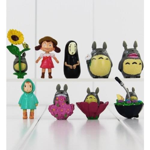 9pcs My Neighbor Totoro Figures Chibi Totoro with Leaf Umbrella Mushroom Swing No Face Man Hayao Miyazaki Anime Toy Mini Model
