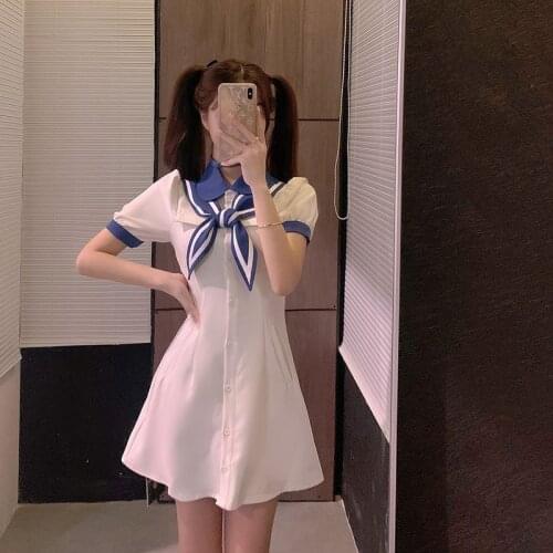 Harajuku Navy Sailor Dress Bow-knot Girl Kawaii Preppy Style Women Korean College Style 2021 Summer Puff Short Sleeve Clothes