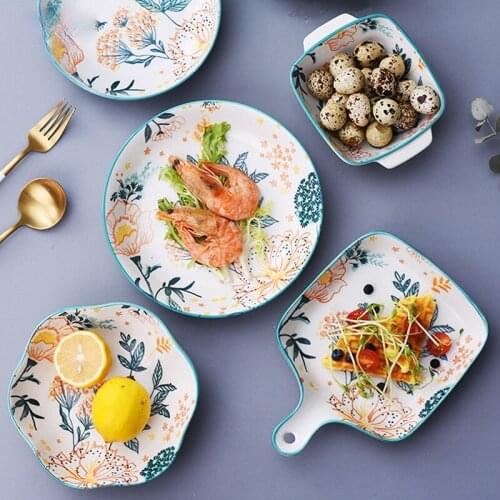 Porcelain dinner sets plate set kawaii plate Lace plant pattern ceramic bowl set household rice bowl baking tray with handle