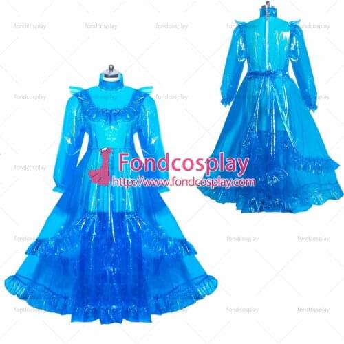 Fondcosplay adult sexy cross dressing sissy maid long French lockable blue clear PVC dress unisex Tailor-made[G3917]